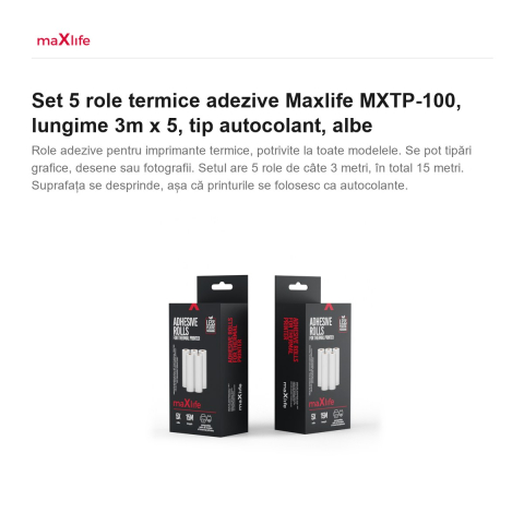 Set 5 role termice adezive Maxlife MXTP-100, lungime 3m x 5, tip autocolant, albe [1]