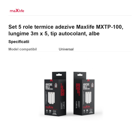 Set 5 role termice adezive Maxlife MXTP-100, lungime 3m x 5, tip autocolant, albe [2]