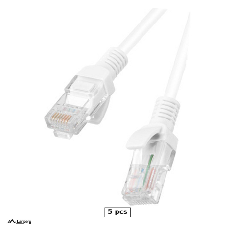 Conectica IT - Set 5 x patchcord de retea Lanberg Cat.5e U/UTP, 3 m, RJ45, conductor CCA, 100 MHz, pana la 1 Gb/s, testat Fluke, alb, PCU5-10CC-0300-W