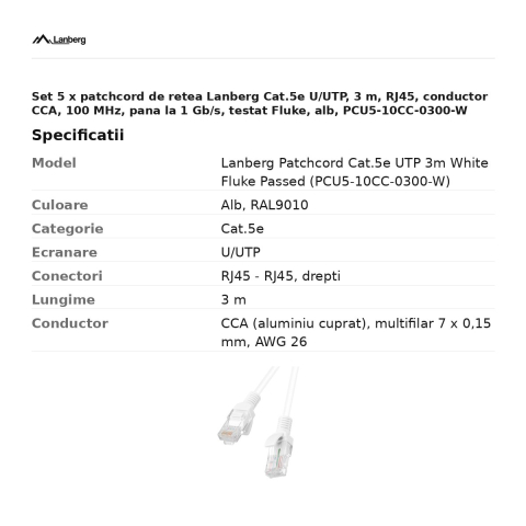 Set 5 x patchcord de retea Lanberg Cat.5e U/UTP, 3 m, RJ45, conductor CCA, 100 MHz, pana la 1 Gb/s, testat Fluke, alb, PCU5-10CC-0300-W [2]