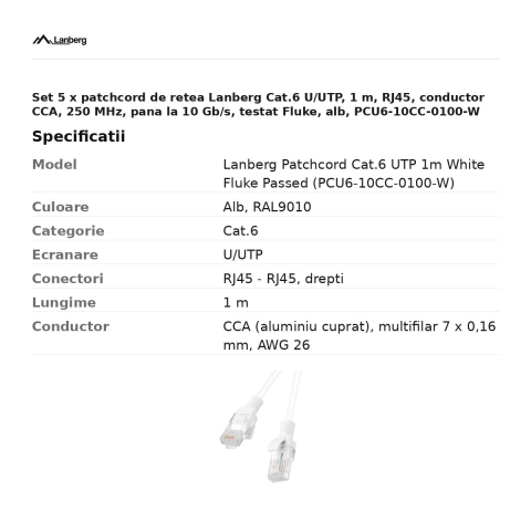 Set 5 x patchcord de retea Lanberg Cat.6 U/UTP, 1 m, RJ45, conductor CCA, 250 MHz, pana la 10 Gb/s, testat Fluke, alb, PCU6-10CC-0100-W [2]