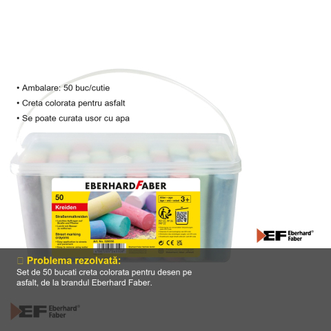 Set 50 bucati creta colorata pentru asfalt Eberhard Faber, cutie plastic, usor de curatat cu apa [2]