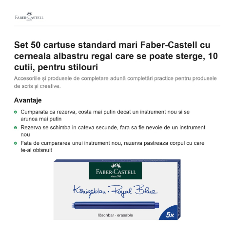Set 50 cartuse standard mari Faber-Castell cu cerneala albastru regal care se poate sterge, 10 cutii, pentru stilouri [1]