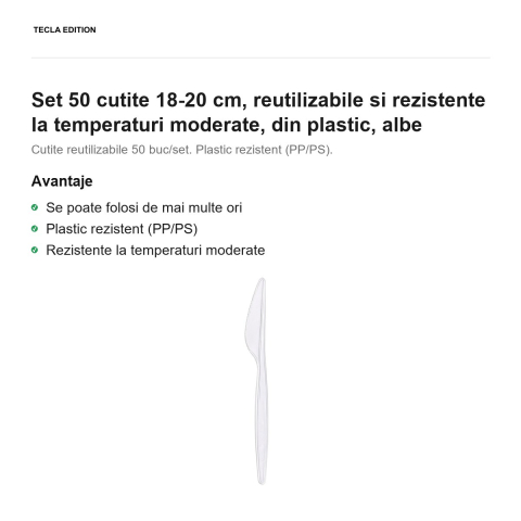 Set 50 cutite 18-20 cm, reutilizabile si rezistente la temperaturi moderate, din plastic, albe [1]