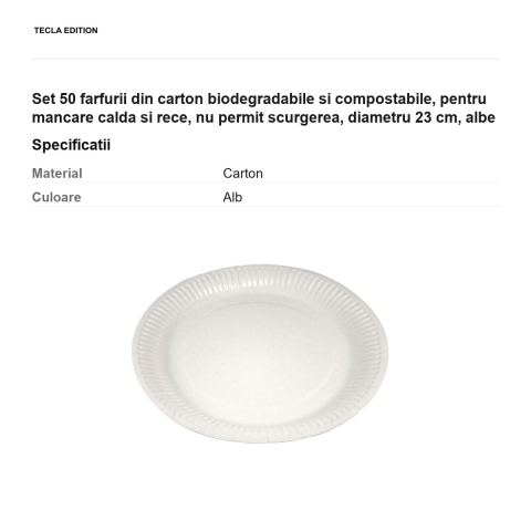 Set 50 farfurii din carton biodegradabile si compostabile, pentru mancare calda si rece, nu permit scurgerea, diametru 23 cm, albe [2]