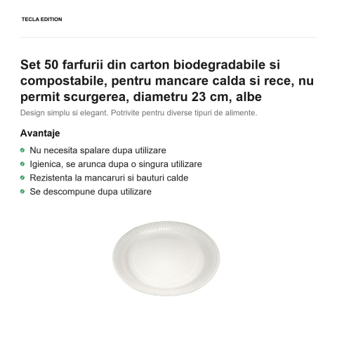 Set 50 farfurii din carton biodegradabile si compostabile, pentru mancare calda si rece, nu permit scurgerea, diametru 23 cm, albe [1]