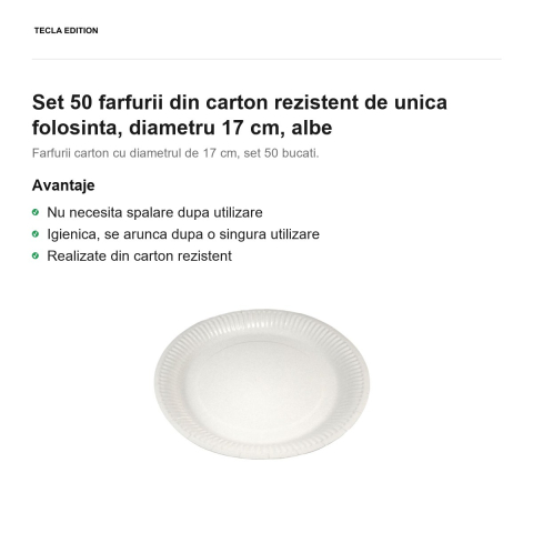 Set 50 farfurii din carton rezistent de unica folosinta, diametru 17 cm, albe [1]