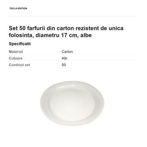 Set 50 farfurii din carton rezistent de unica folosinta, diametru 17 cm, albe [2]