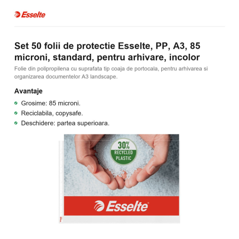 Set 50 folii de protectie Esselte, PP, A3, 85 microni, standard, pentru arhivare, incolor [1]