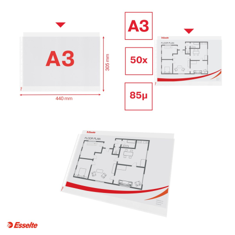 Set 50 folii de protectie Esselte, PP, A3, 85 microni, standard, pentru arhivare, incolor [3]