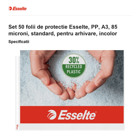 Set 50 folii de protectie Esselte, PP, A3, 85 microni, standard, pentru arhivare, incolor [2]