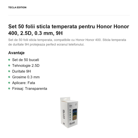 Set 50 folii sticla temperata pentru Honor Honor 400, 2.5D, 0.3 mm, 9H [1]