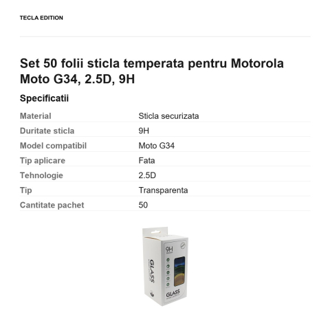 Set 50 folii sticla temperata pentru Motorola Moto G34, 2.5D, 9H [2]