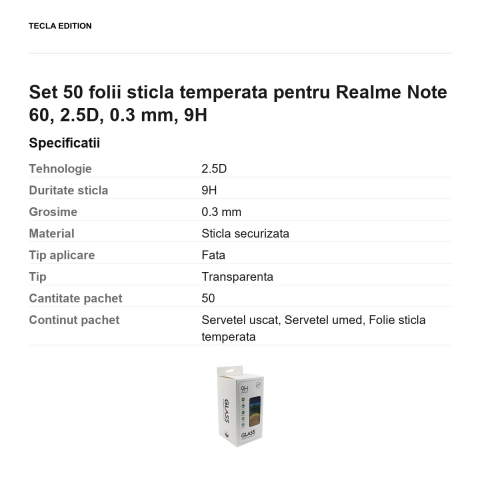 Set 50 folii sticla temperata pentru Realme Note 60, 2.5D, 0.3 mm, 9H [2]