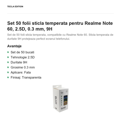 Set 50 folii sticla temperata pentru Realme Note 60, 2.5D, 0.3 mm, 9H [1]