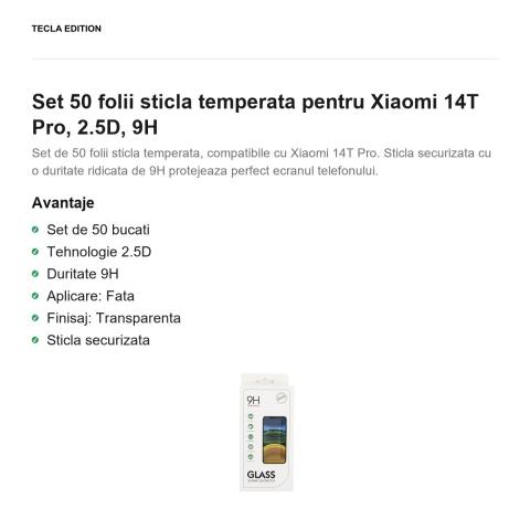 Set 50 folii sticla temperata pentru Xiaomi 14T Pro, 2.5D, 9H [1]