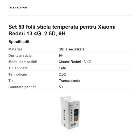 Set 50 folii sticla temperata pentru Xiaomi Redmi 13 4G, 2.5D, 9H [2]