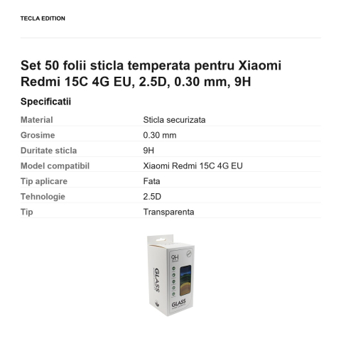 Set 50 folii sticla temperata pentru Xiaomi Redmi 15C 4G EU, 2.5D, 0.30 mm, 9H [2]
