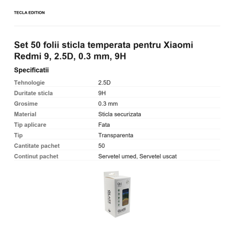 Set 50 folii sticla temperata pentru Xiaomi Redmi 9, 2.5D, 0.3 mm, 9H [2]