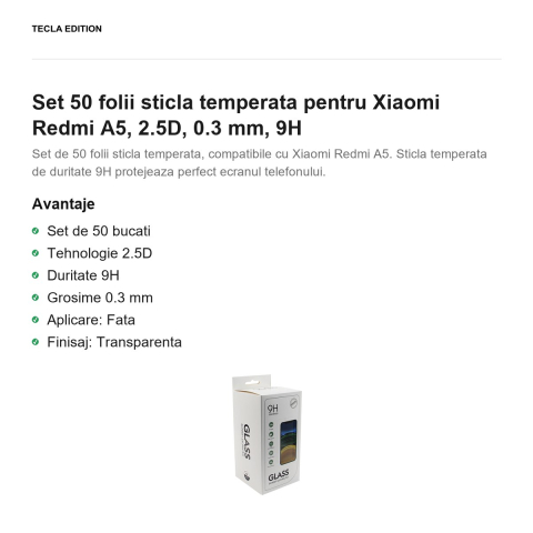 Set 50 folii sticla temperata pentru Xiaomi Redmi A5, 2.5D, 0.3 mm, 9H [1]