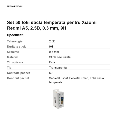 Set 50 folii sticla temperata pentru Xiaomi Redmi A5, 2.5D, 0.3 mm, 9H [2]