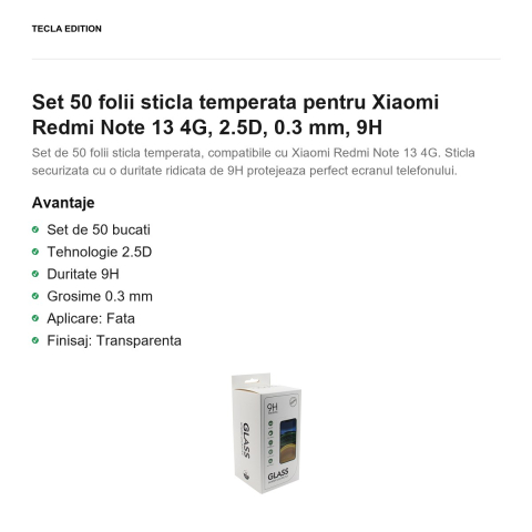 Set 50 folii sticla temperata pentru Xiaomi Redmi Note 13 4G, 2.5D, 0.3 mm, 9H [1]