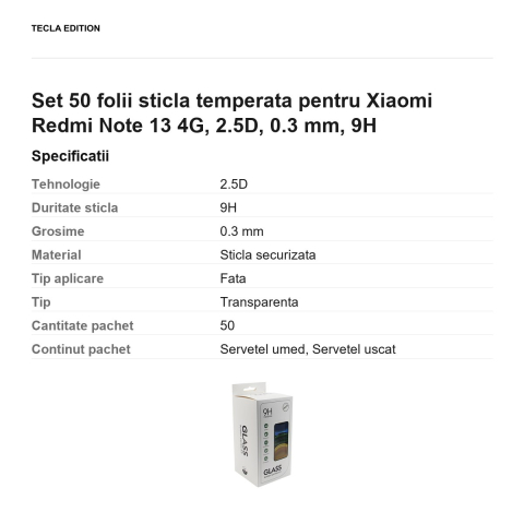 Set 50 folii sticla temperata pentru Xiaomi Redmi Note 13 4G, 2.5D, 0.3 mm, 9H [2]