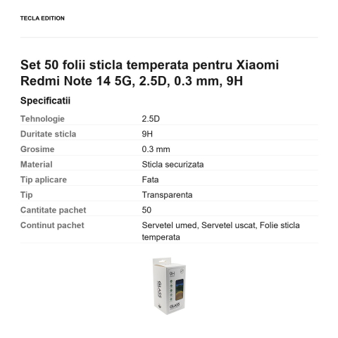 Set 50 folii sticla temperata pentru Xiaomi Redmi Note 14 5G, 2.5D, 0.3 mm, 9H [2]