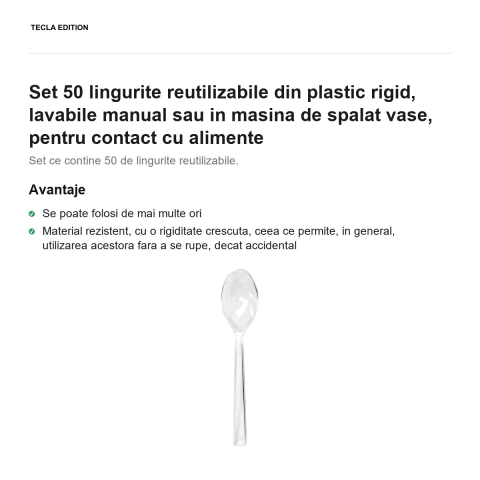 Set 50 lingurite reutilizabile din plastic rigid, lavabile manual sau in masina de spalat vase, pentru contact cu alimente [1]