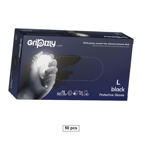 Bricolaj - Set 50 manusi Gripzzly din nitril cu textura diamantata pentru aderenta, fara pudra si fara latex, ambidextre, marime L, negre