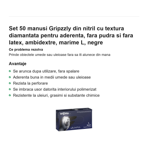 Set 50 manusi Gripzzly din nitril cu textura diamantata pentru aderenta, fara pudra si fara latex, ambidextre, marime L, negre [1]