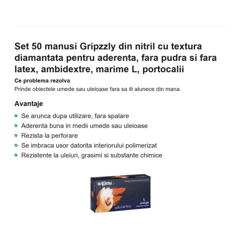 Set 50 manusi Gripzzly din nitril cu textura diamantata pentru aderenta, fara pudra si fara latex, ambidextre, marime L, portocalii [1]