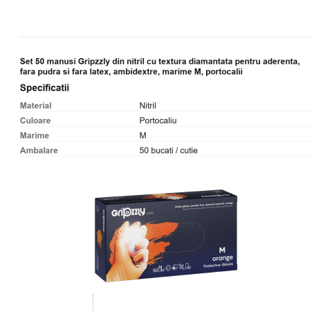 Set 50 manusi Gripzzly din nitril cu textura diamantata pentru aderenta, fara pudra si fara latex, ambidextre, marime M, portocalii [2]