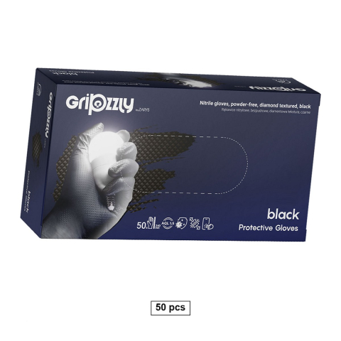 Bricolaj - Set 50 manusi Gripzzly din nitril cu textura diamantata pentru aderenta, fara pudra si fara latex, ambidextre, marime S, negre