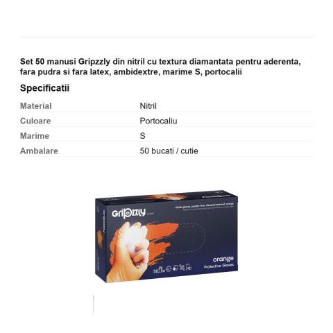 Set 50 manusi Gripzzly din nitril cu textura diamantata pentru aderenta, fara pudra si fara latex, ambidextre, marime S, portocalii [2]