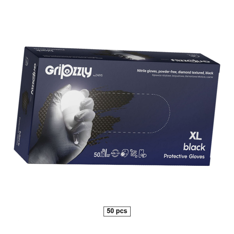 Bricolaj - Set 50 manusi Gripzzly din nitril cu textura diamantata pentru aderenta, fara pudra si fara latex, ambidextre, marime XL, negre
