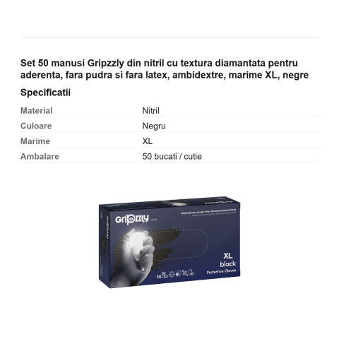 Set 50 manusi Gripzzly din nitril cu textura diamantata pentru aderenta, fara pudra si fara latex, ambidextre, marime XL, negre [2]