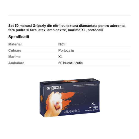 Set 50 manusi Gripzzly din nitril cu textura diamantata pentru aderenta, fara pudra si fara latex, ambidextre, marime XL, portocalii [2]
