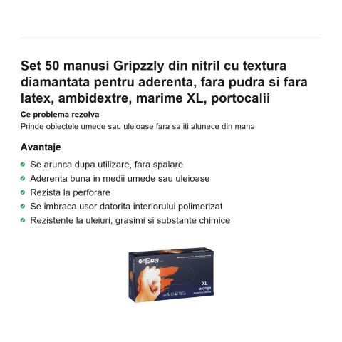 Set 50 manusi Gripzzly din nitril cu textura diamantata pentru aderenta, fara pudra si fara latex, ambidextre, marime XL, portocalii [1]