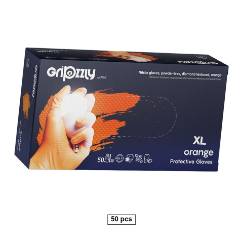 Bricolaj - Set 50 manusi Gripzzly din nitril cu textura diamantata pentru aderenta, fara pudra si fara latex, ambidextre, marime XL, portocalii