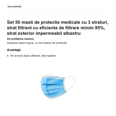 Set 50 masti de protectie medicale cu 3 straturi, strat filtrant cu eficienta de filtrare minim 95%, strat exterior impermeabil albastru [1]