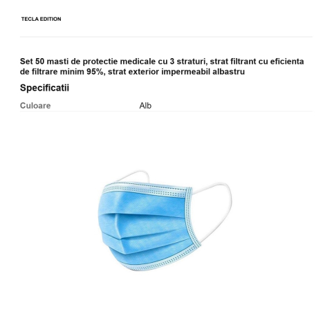 Set 50 masti de protectie medicale cu 3 straturi, strat filtrant cu eficienta de filtrare minim 95%, strat exterior impermeabil albastru [2]