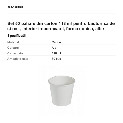 Set 50 pahare din carton 118 ml pentru bauturi calde si reci, interior impermeabil, forma conica, albe [2]