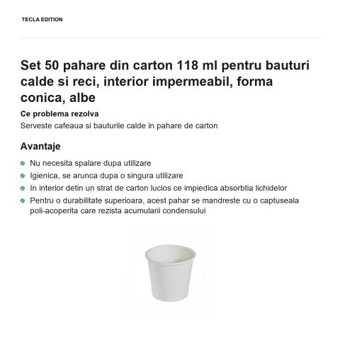 Set 50 pahare din carton 118 ml pentru bauturi calde si reci, interior impermeabil, forma conica, albe [1]