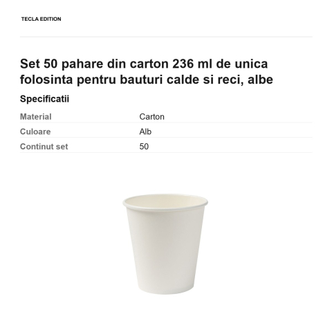 Set 50 pahare din carton 236 ml de unica folosinta pentru bauturi calde si reci, albe [2]