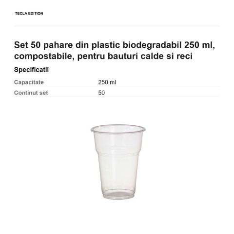 Set 50 pahare din plastic biodegradabil 250 ml, compostabile, pentru bauturi calde si reci [2]