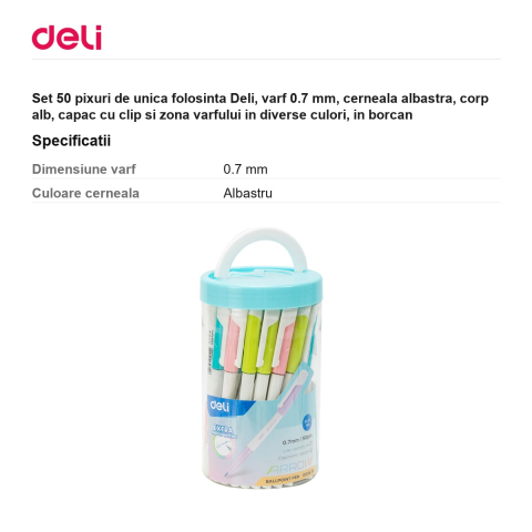 Set 50 pixuri de unica folosinta Deli, varf 0.7 mm, cerneala albastra, corp alb, capac cu clip si zona varfului in diverse culori, in borcan [2]