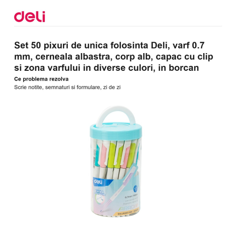 Set 50 pixuri de unica folosinta Deli, varf 0.7 mm, cerneala albastra, corp alb, capac cu clip si zona varfului in diverse culori, in borcan [1]