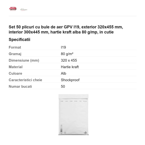 Set 50 plicuri cu bule de aer GPV I19, exterior 320x455 mm, interior 300x445 mm, hartie kraft alba 80 g/mp, in cutie [2]