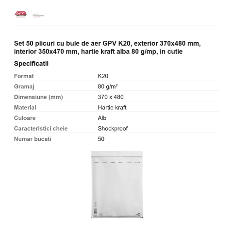 Set 50 plicuri cu bule de aer GPV K20, exterior 370x480 mm, interior 350x470 mm, hartie kraft alba 80 g/mp, in cutie [2]